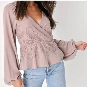 Lulu's Dusty Pink Lace Wrap Blouse